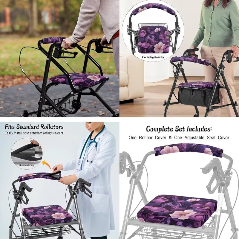 LedBack Purple Floral Cushion Walkers Accessories Sets Walker Seat Backrest Covers Rollator Walker Replacement Storage Bag for Rollator Seat & Roller Bar Covers - Image 4
